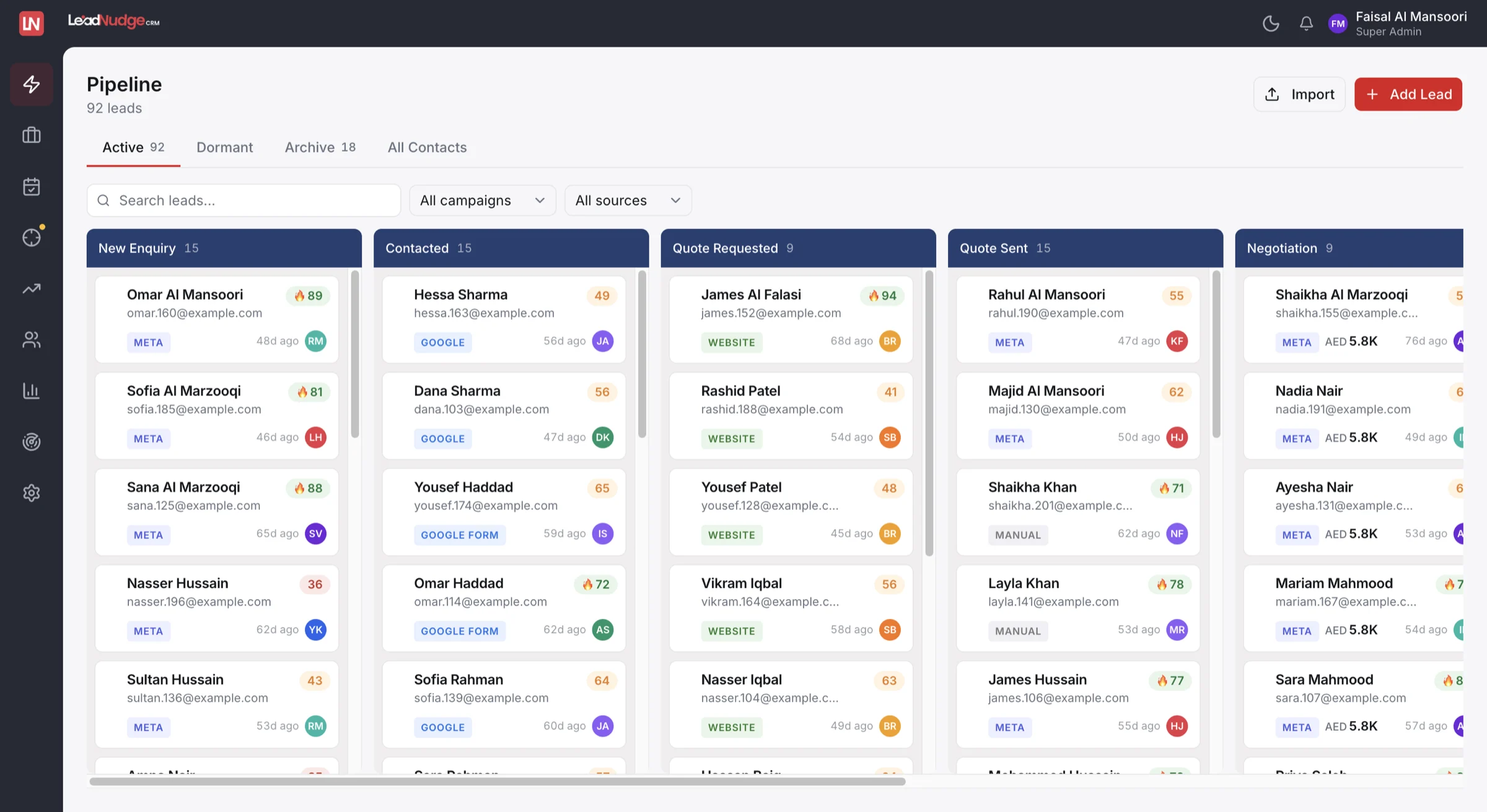 LeadNudge CRM pipeline board: leads from Meta, Google and the website sorted into New Enquiry, Contacted, Quote Requested, Quote Sent and Negotiation, each with a lead score